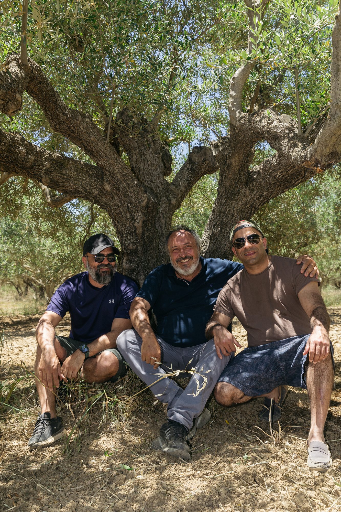 The Cretekos founders beneath a centuries-old olive tree in Crete